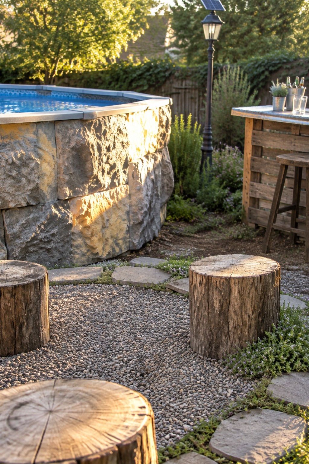 Backyard with stone pool, tree stump stools, wooden pallet bar on gravel at sunset