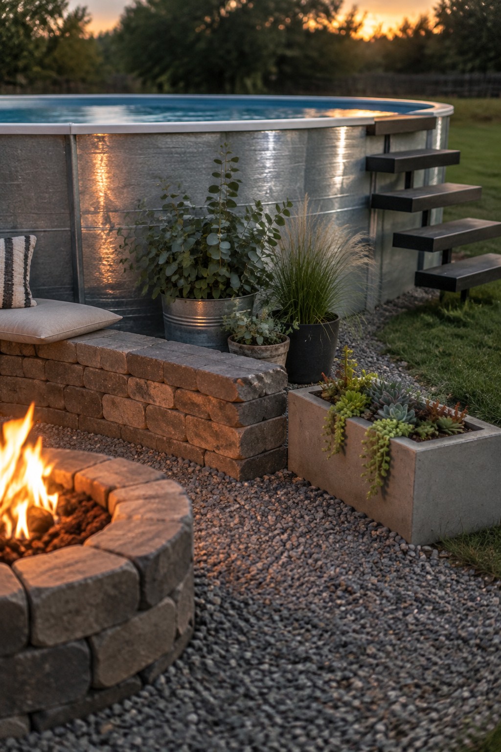 An above ground pool with metal walls sits beside a gravel area that holds potted plants, a round stone fire pit, and a concrete succulent planter.