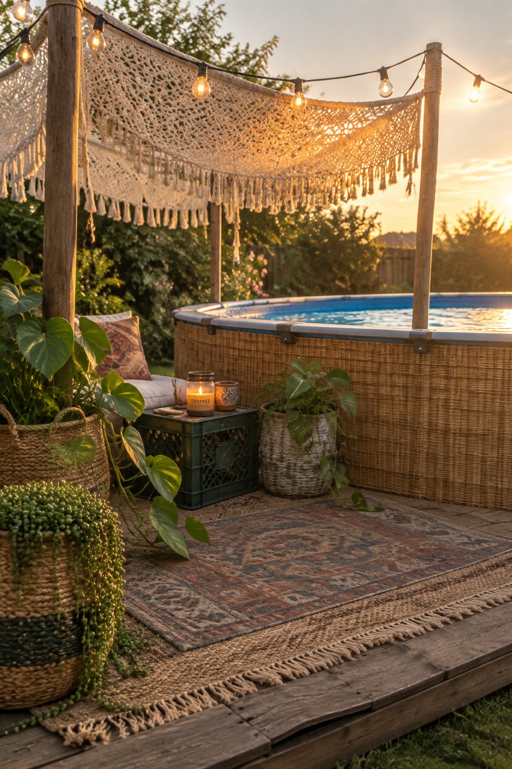 Cozy backyard pool with macrame canopy, string lights, rugs and potted plants at sunset