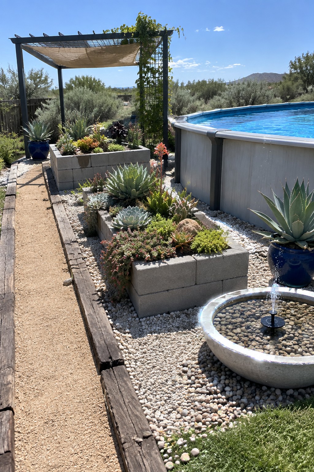 A backyard scene with an above-ground pool, multiple raised beds built from gray concrete blocks planted with succulents and agaves, white gravel ground cover, a metal pergola, and a round stone fountain.