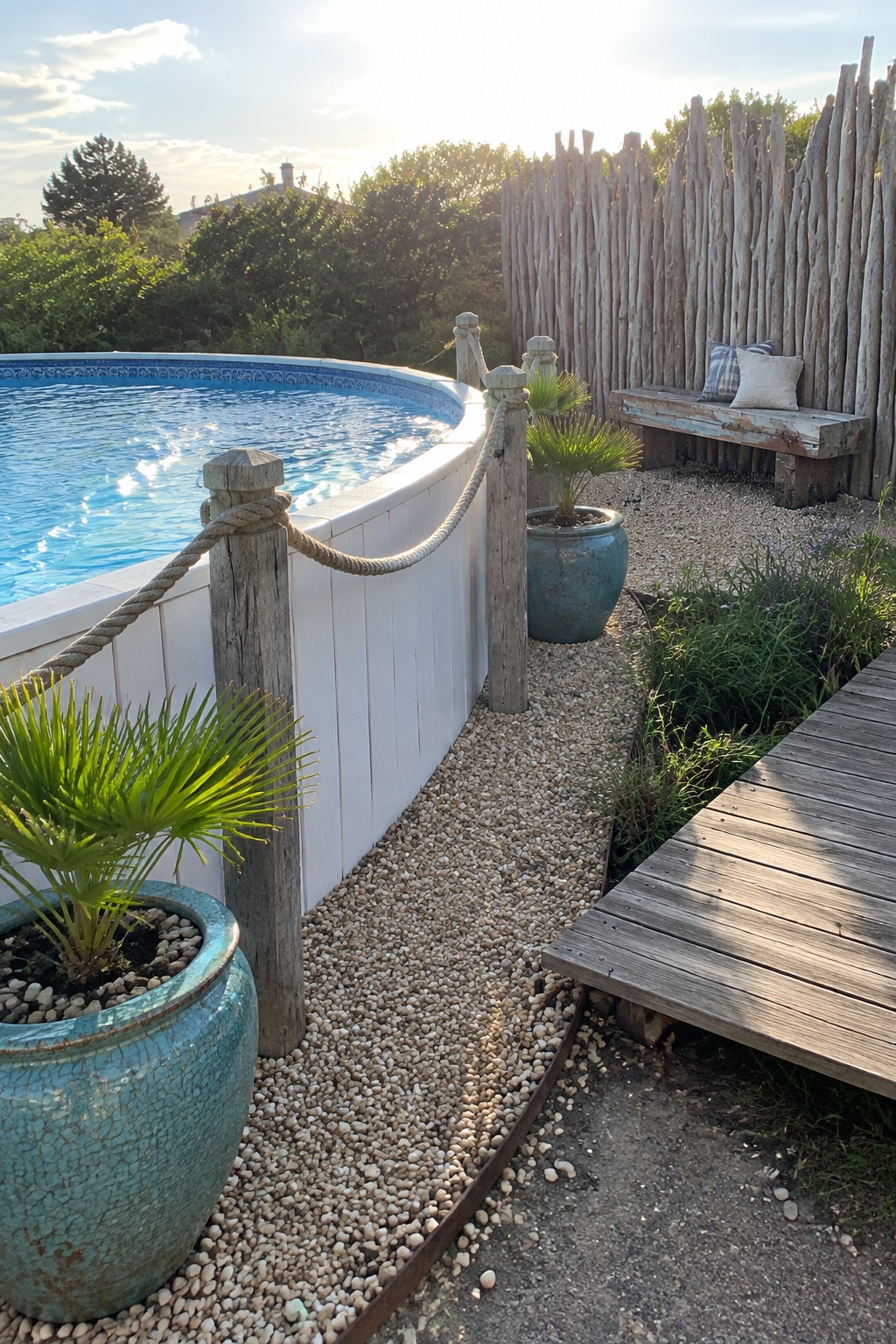 An above-ground pool with white siding is edged by gravel, wooden posts connected by rope, large turquoise pots with palms, a wooden bench against a stick fence, and a wooden deck on the right.