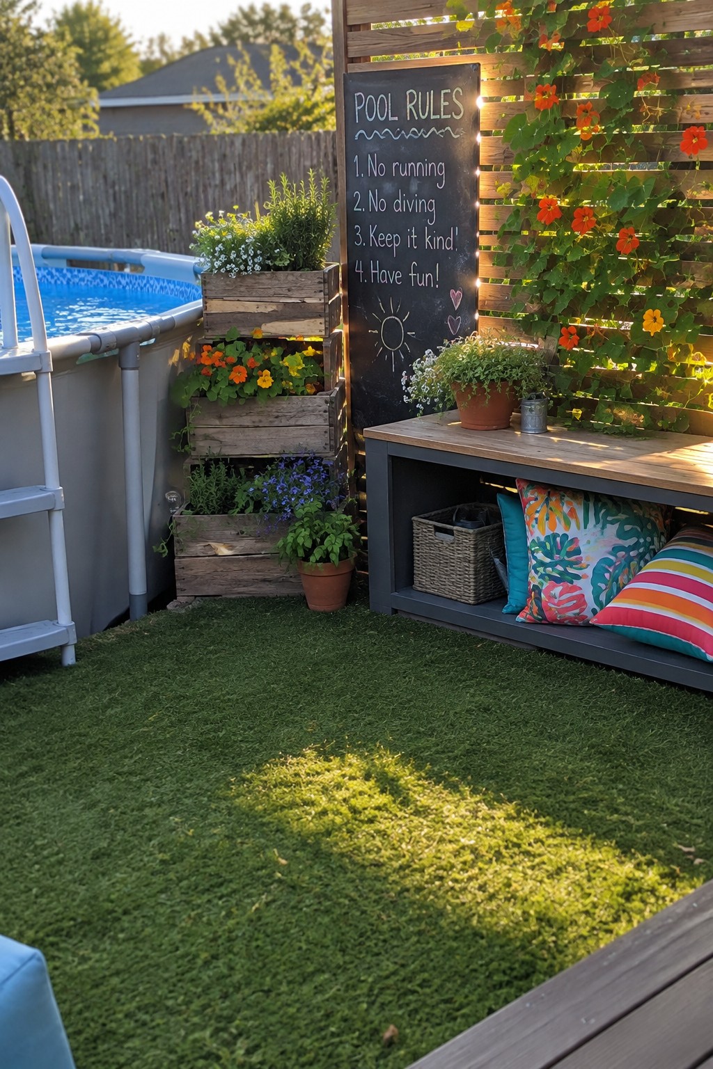 Backyard pool with chalkboard rules sign, flower crates, wooden bench, and orange blooms.