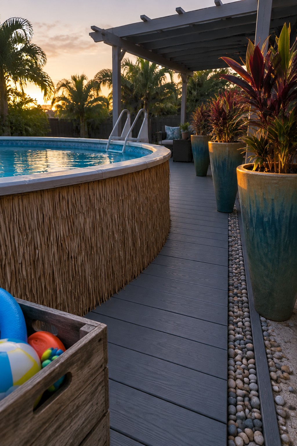 An above-ground pool with thatched siding borders a gray wooden deck lined with large blue and green ceramic planters and a pebble edge.
