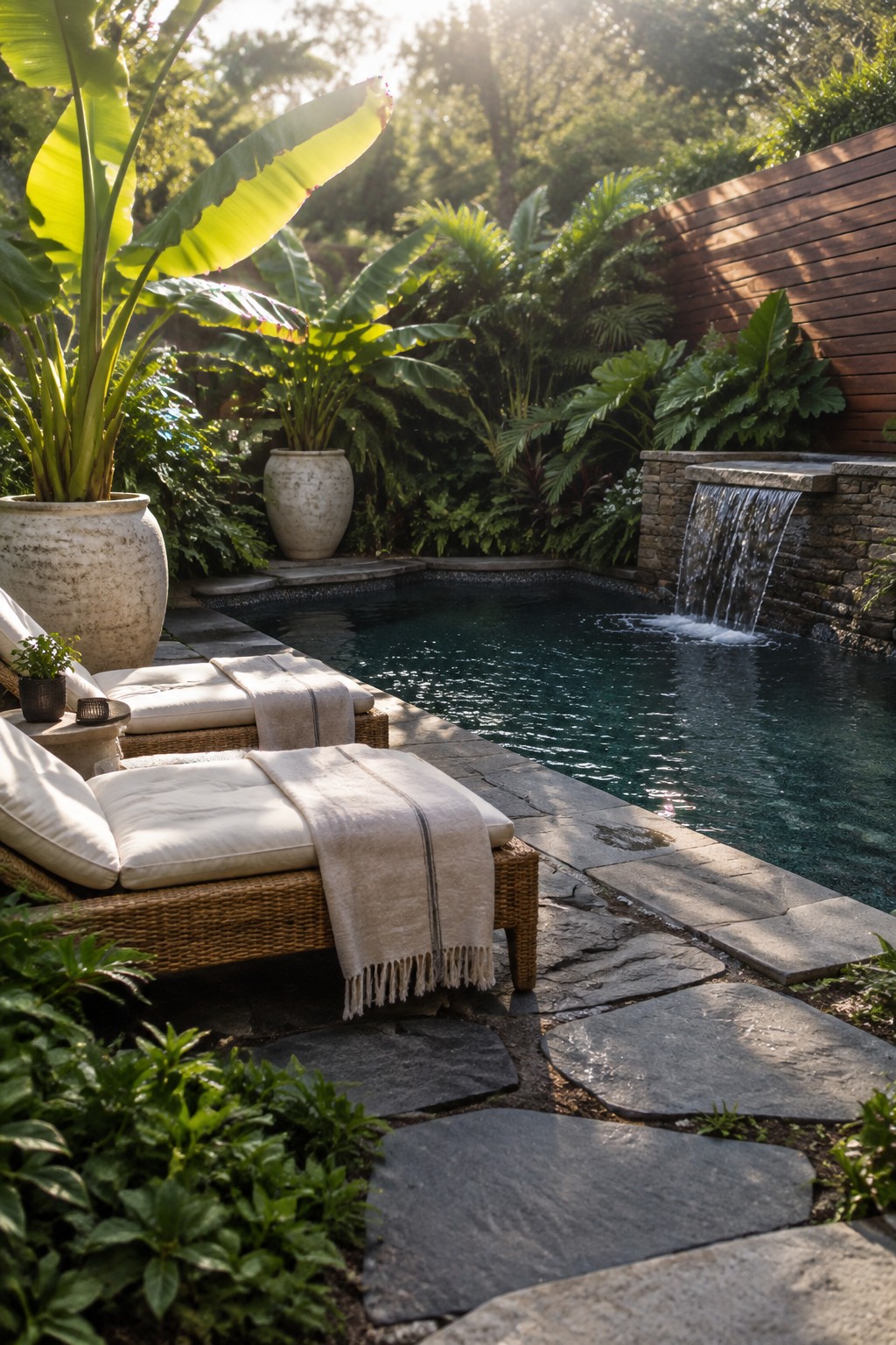 A small plunge pool with a stone waterfall feature sits in a corner yard, with two lounge chairs on a stone deck and tropical plants around the edges.