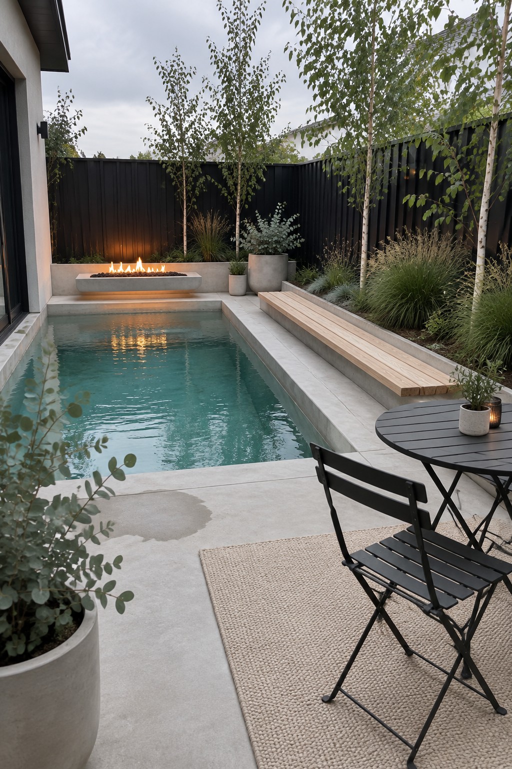 A rectangular plunge pool set in a corner yard with a long wooden bench along one side, a fire pit at the head, and a small round table with black chairs on the concrete patio.