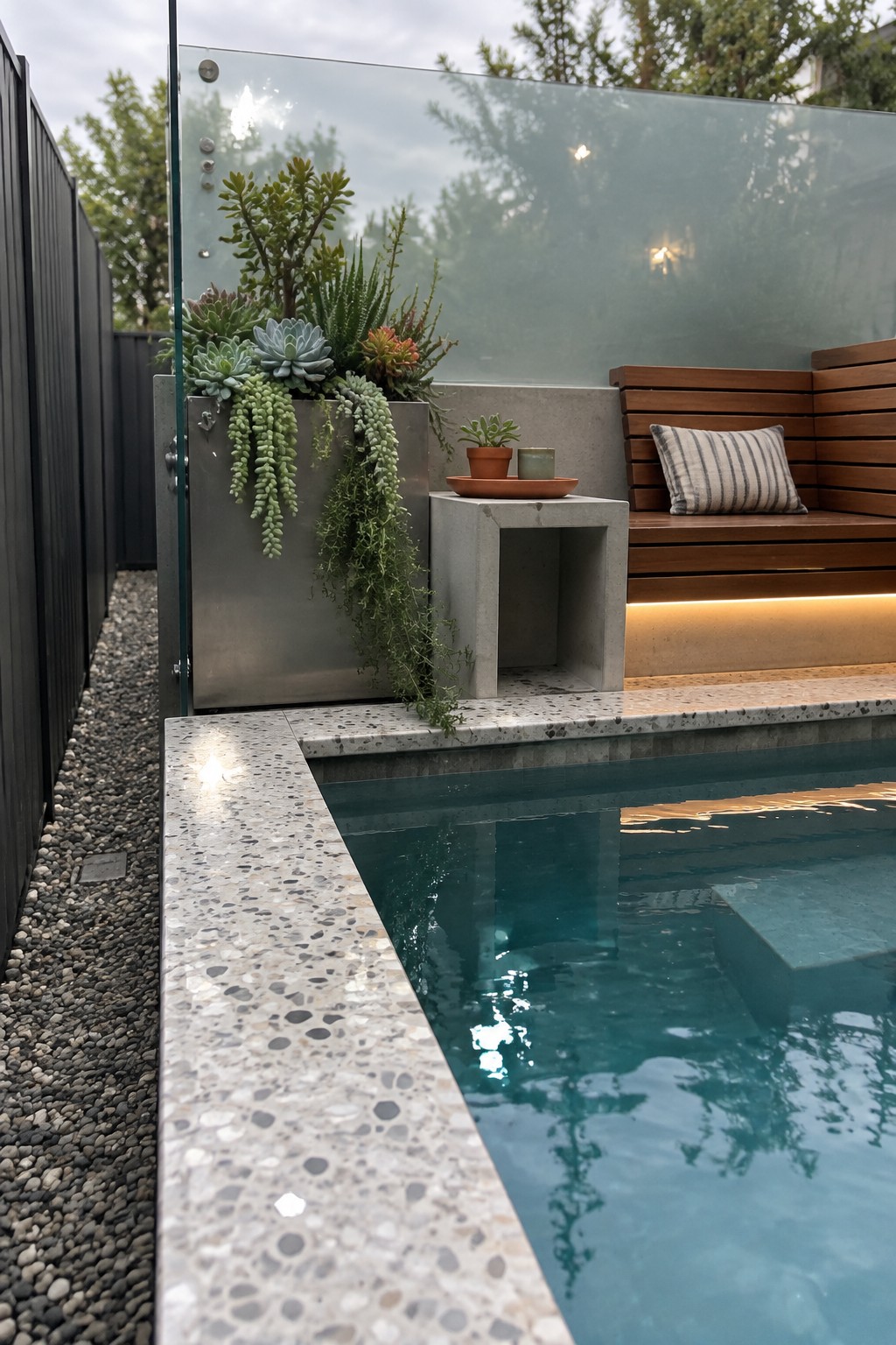 A small plunge pool with terrazzo coping beside a wooden bench with a striped cushion, a concrete side table holding two small pots, and a metal planter with succulents, next to a glass panel and gravel ground.