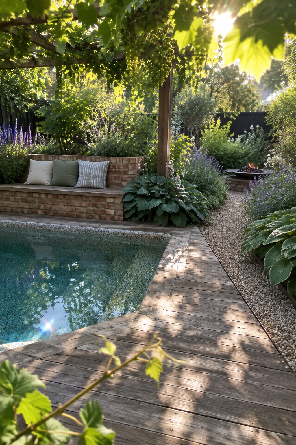 A rectangular plunge pool bordered by wooden decking, with a brick bench holding three cushions, large hosta plants, and a gravel path leading to a fire pit in the background.