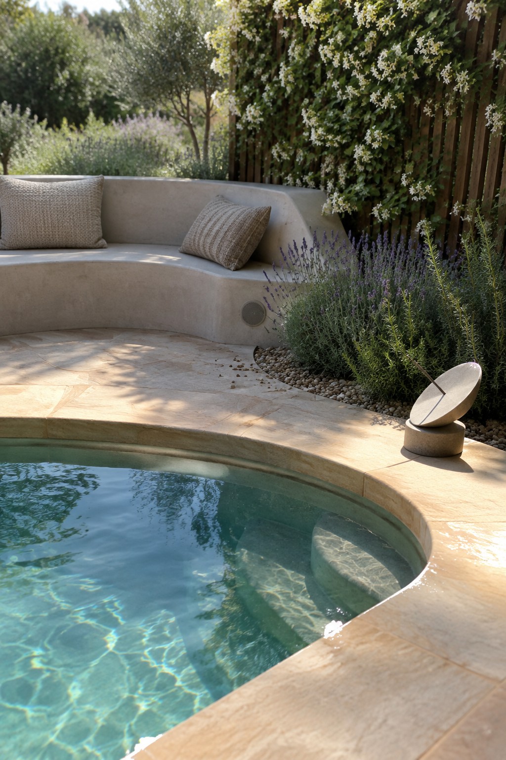 Curved stone pool with bench pillows, lavender plants, and sundial in sunny garden.