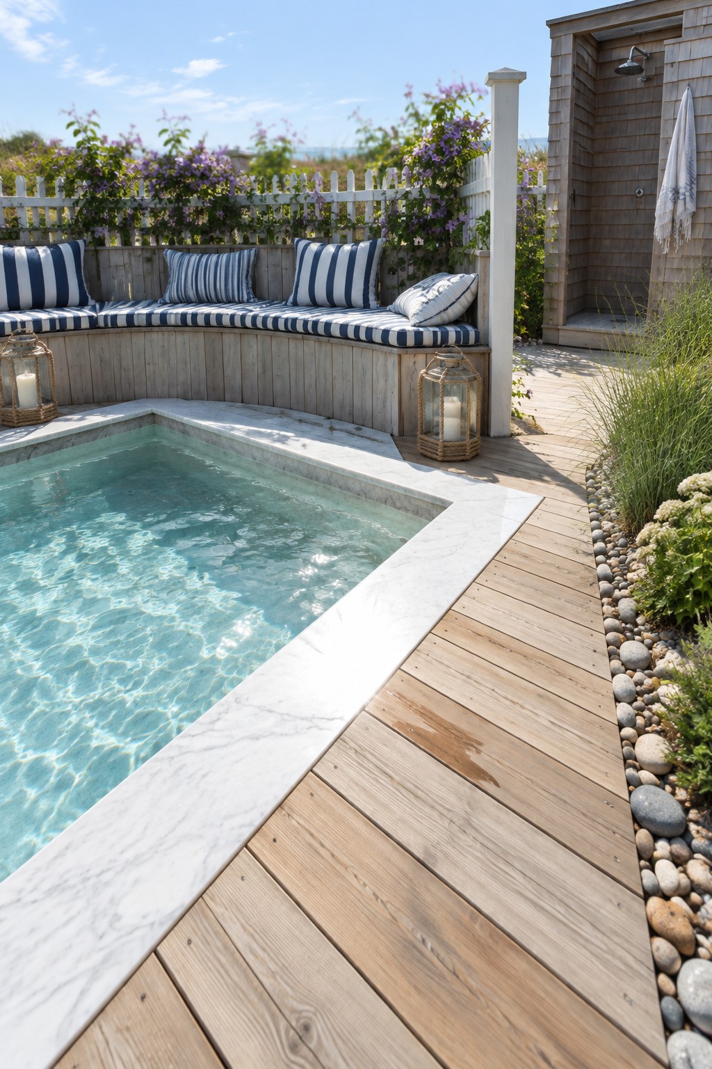 A corner plunge pool with marble edge, built-in bench seating with blue and white striped cushions, wooden decking, and an outdoor shower area nearby.