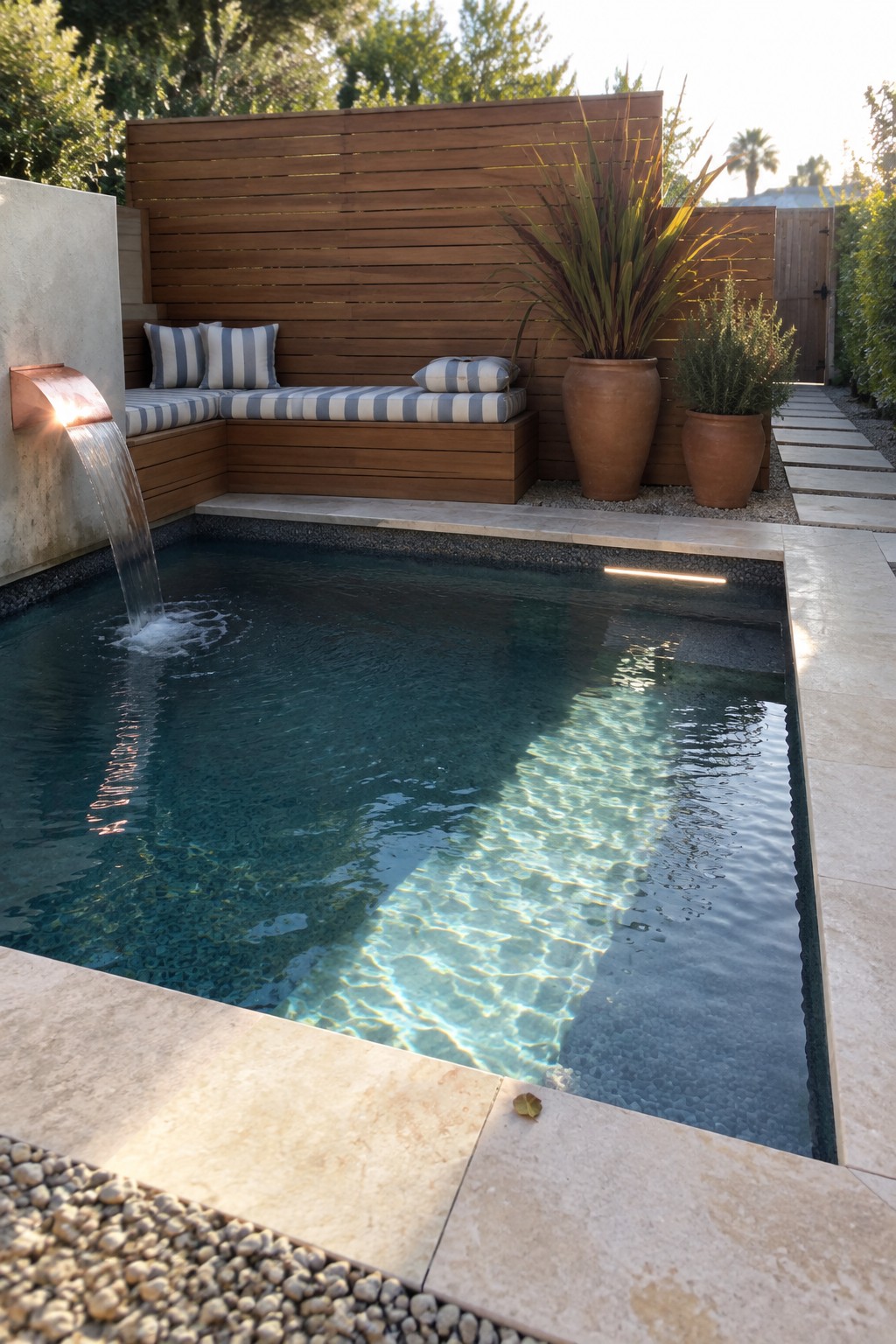 A rectangular plunge pool set in a corner with built-in wooden bench seating along two walls, striped cushions, a copper water spout on the left, and large terracotta pots nearby.