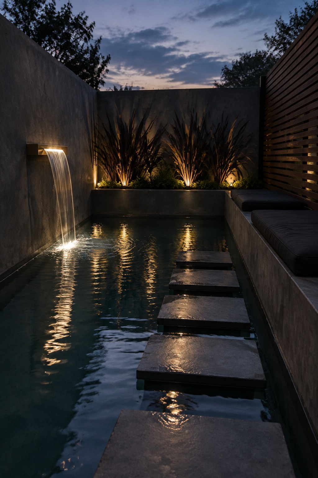 Modern pool with cascading waterfall, stepping stones, and illuminated plants at dusk