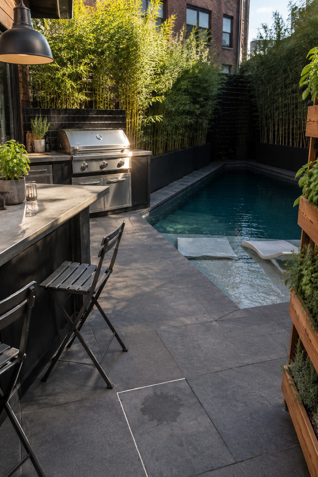 A rectangular plunge pool set in the corner of a paved outdoor space next to a stainless steel grill and dark cabinetry outdoor kitchen, with bamboo screening and black metal chairs on the patio.