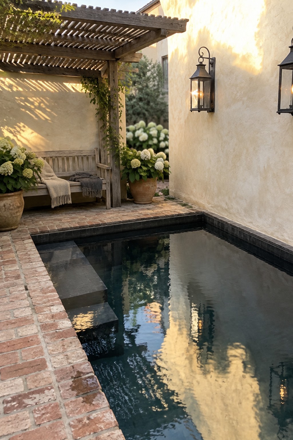 A rectangular plunge pool set in a corner yard, with dark tile edging, steps on the left side, a wooden pergola with a bench, potted plants, and two wall lanterns on a stucco wall.