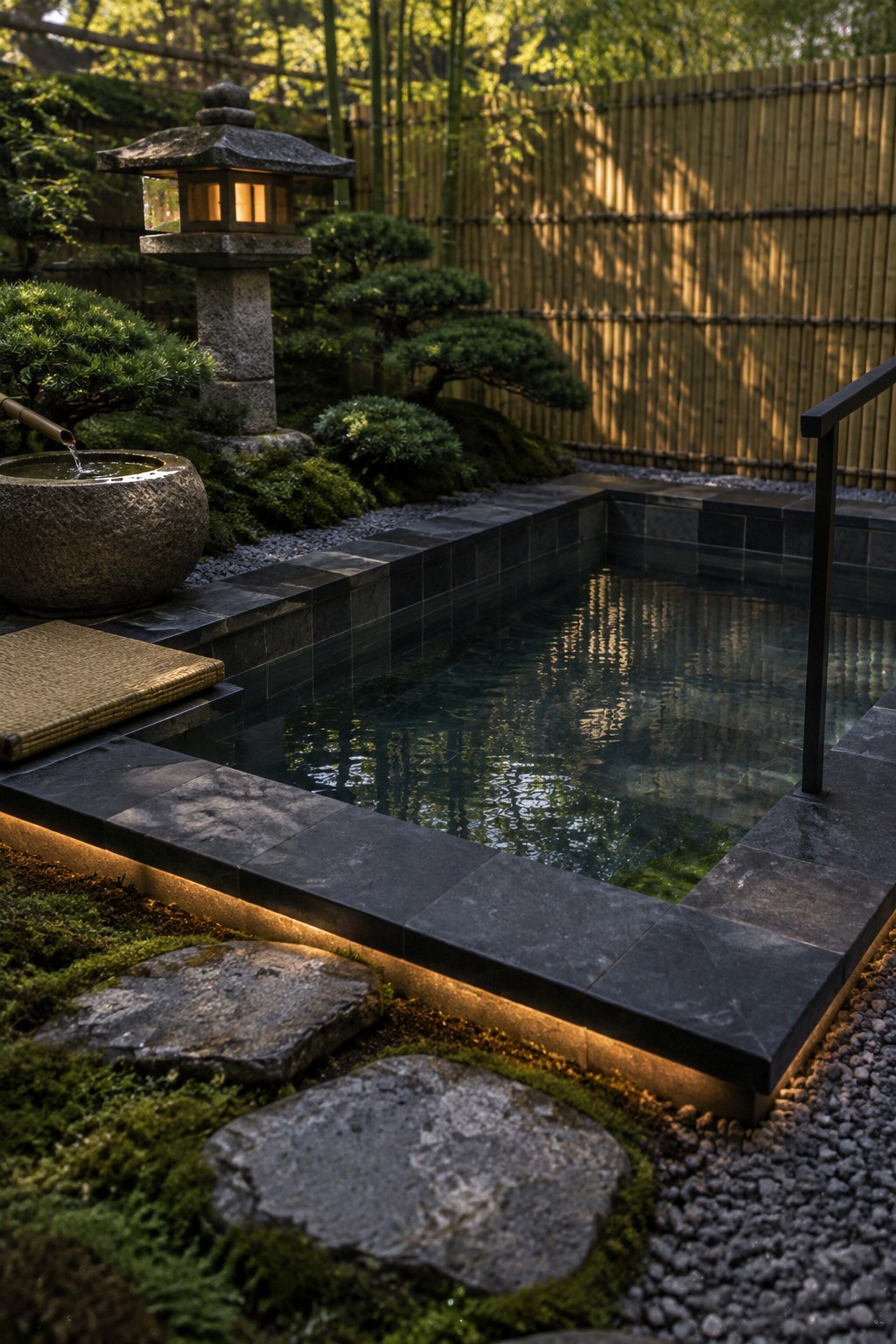 A rectangular plunge pool with dark stone tiles is set in a corner yard beside a bamboo fence, with a stone lantern, water basin, moss, and stepping stones around it.