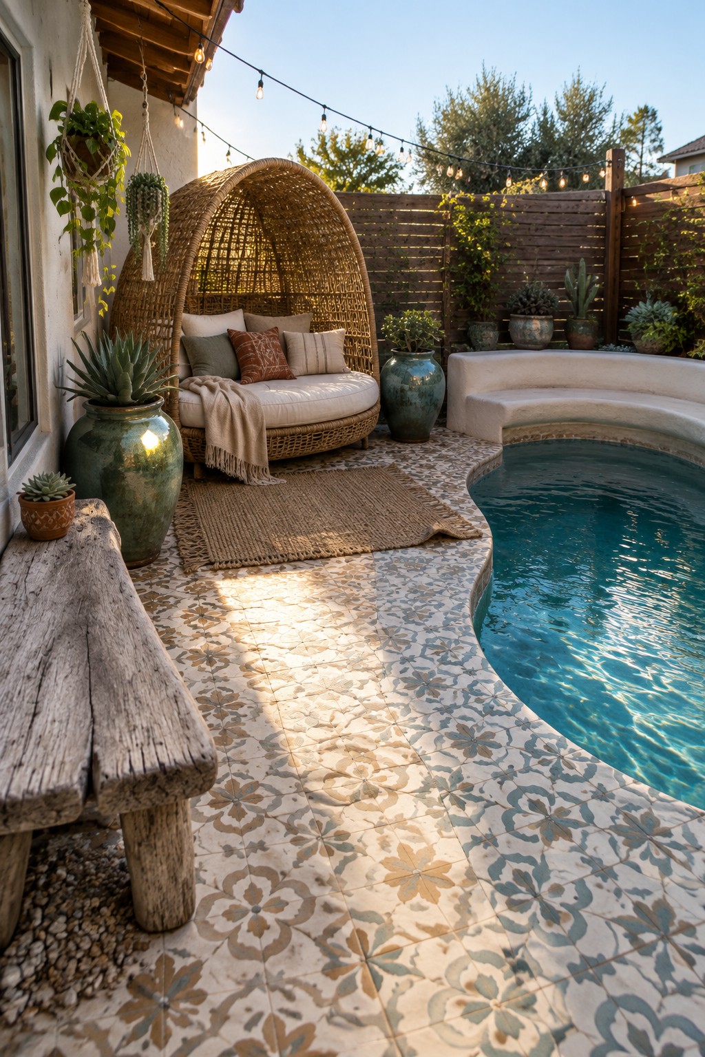 A curved plunge pool with a built-in bench sits in a corner patio beside a large woven chair, patterned tiles, and potted plants.