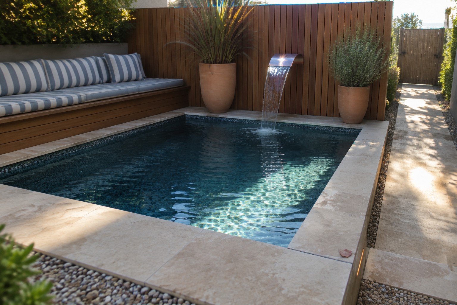 A rectangular plunge pool set in a corner with built-in wooden bench seating along two walls, striped cushions, a copper water spout on the left, and large terracotta pots nearby.