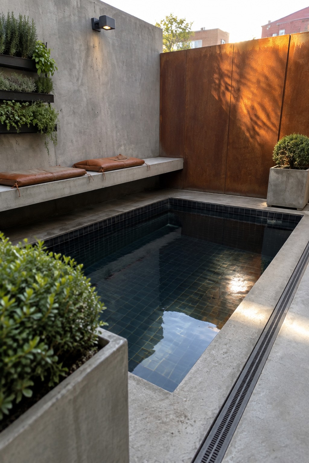 Modern courtyard with dark-tiled plunge pool, concrete bench, leather cushions, and vertical garden.