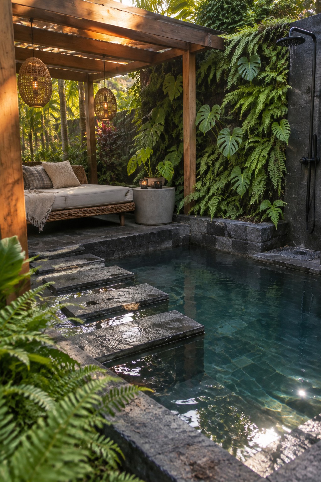 A corner plunge pool with stone stepping pavers crossing the water, a dense vertical garden wall of ferns and broad leaves along the back, and a wooden pergola with seating on the left side.