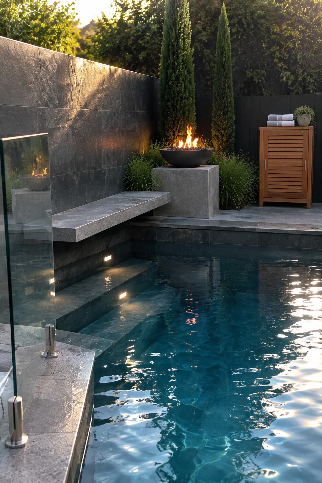 Luxurious dark-tiled pool with lit steps, flaming bowls, glass barrier, and trees.