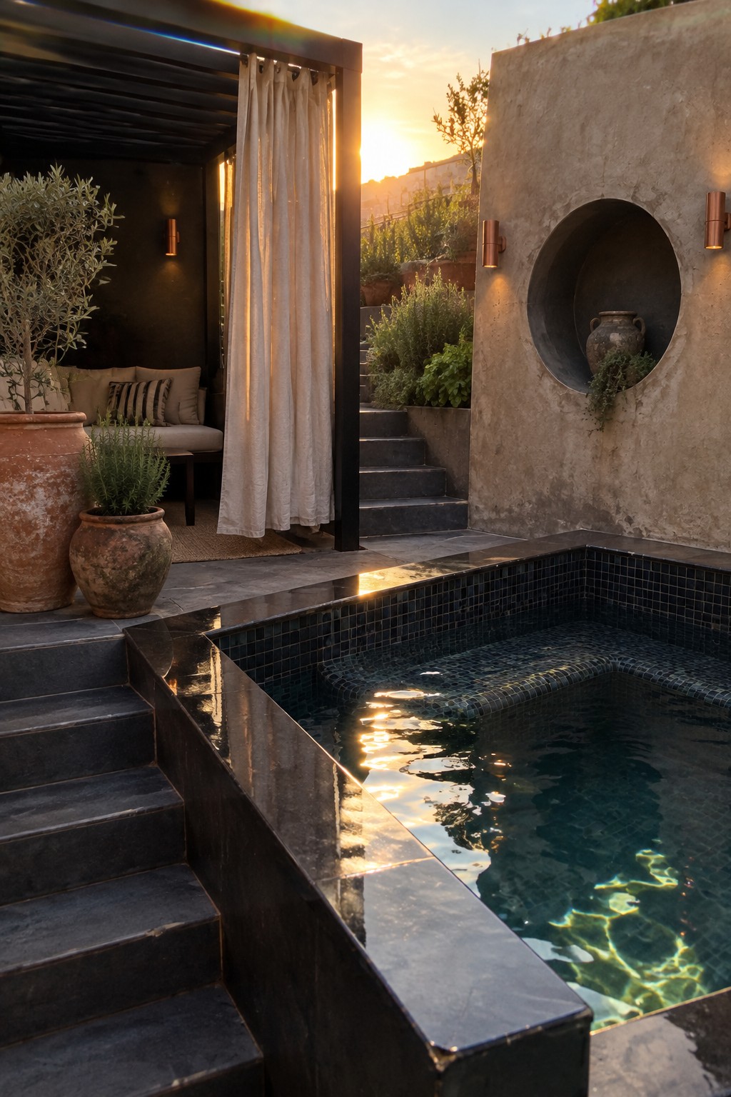 A small plunge pool with dark blue mosaic tiles sits in a corner formed by stone walls, with black stone steps leading down to the water and a circular wall niche holding a clay pot.