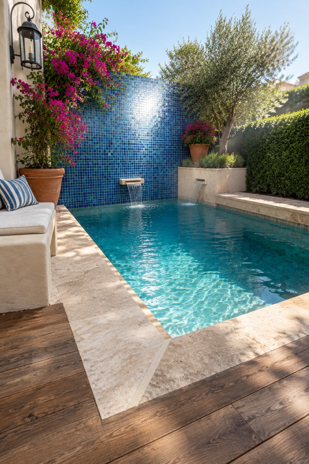 A rectangular plunge pool tucked into a corner with a blue mosaic tiled wall, two water spouts flowing into the pool, potted plants, and wooden decking along the edge.