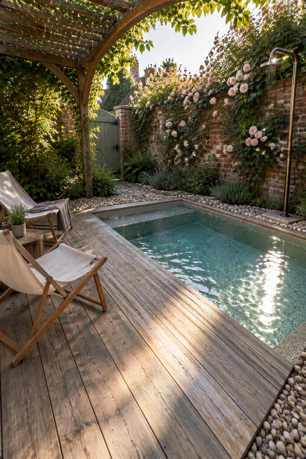 A rectangular plunge pool sits in the corner of a yard against brick walls, with wooden decking, two lounge chairs, and an outdoor shower.