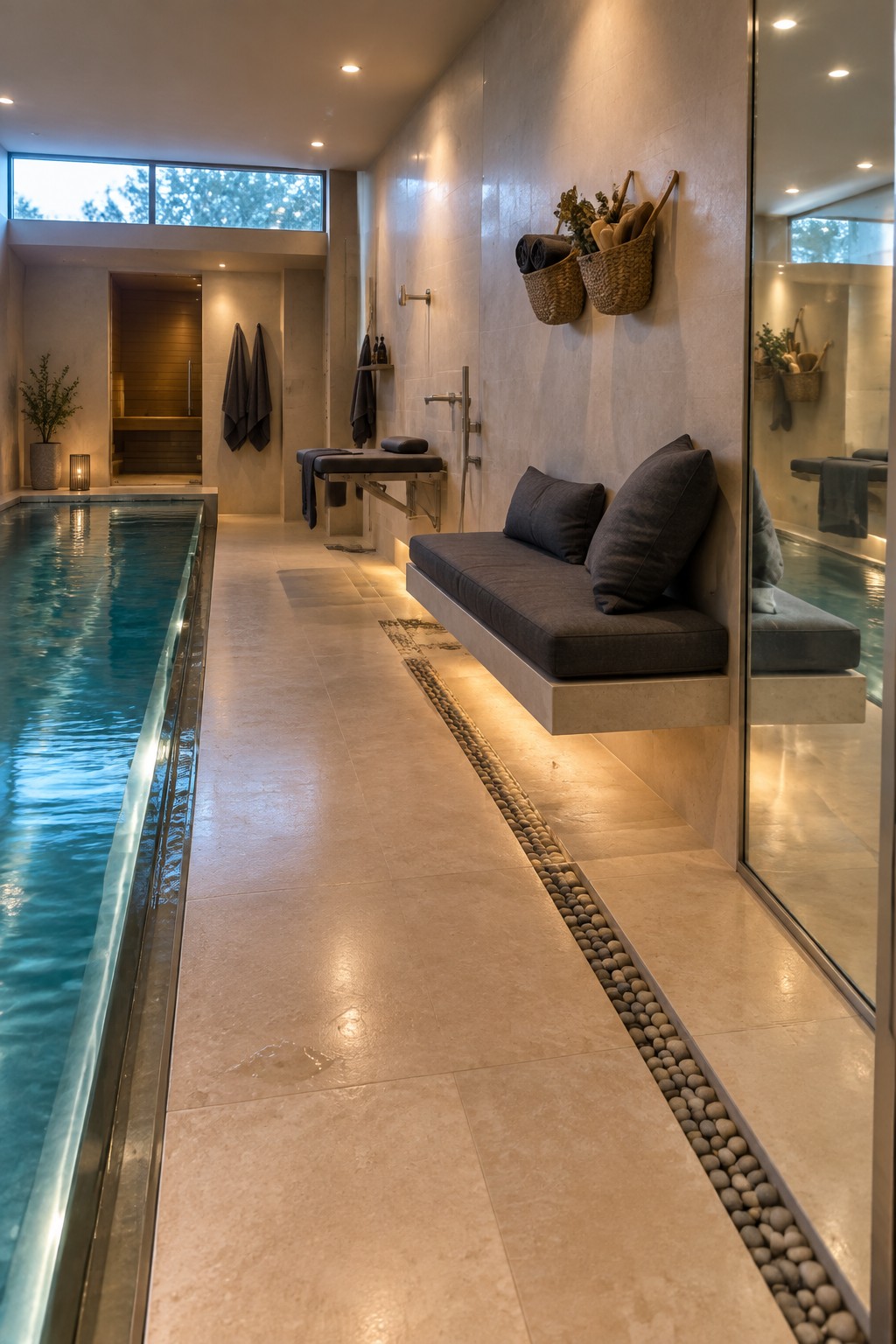 18 Innovative Indoor Endless Pool Ideas for Home Fitness Spaces An indoor lap pool with a floating bench along the right wall, a pebble drainage strip, and a sauna visible in the background.