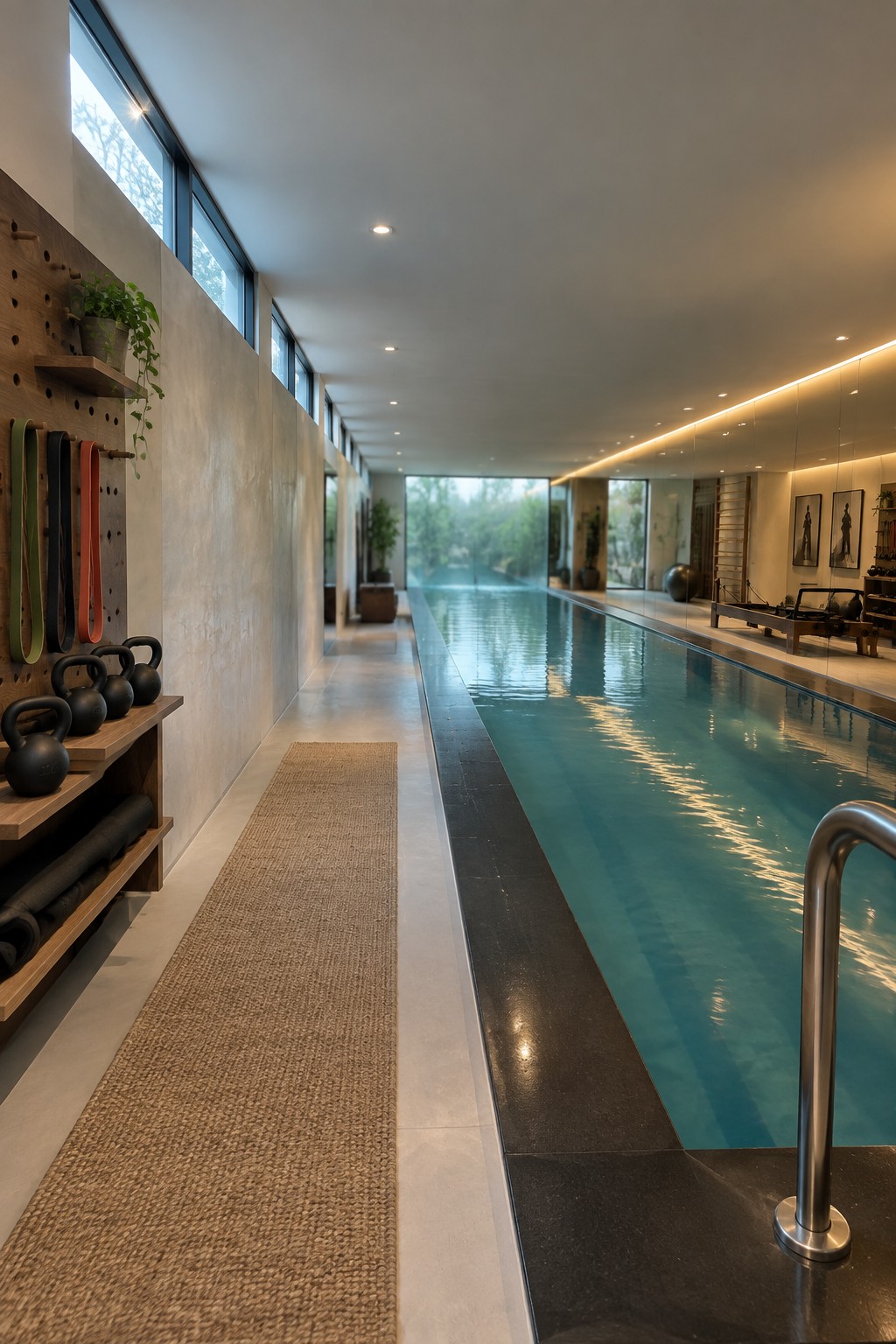 18 Innovative Indoor Endless Pool Ideas for Home Fitness Spaces Long indoor endless pool with wooden wall storage holding black kettlebells and colorful resistance bands on the left side.