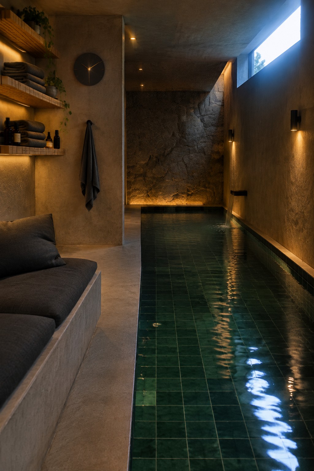 18 Innovative Indoor Endless Pool Ideas for Home Fitness Spaces A long narrow indoor lap pool with green tiles runs beside a built-in concrete bench with dark cushions in a minimalist concrete room.