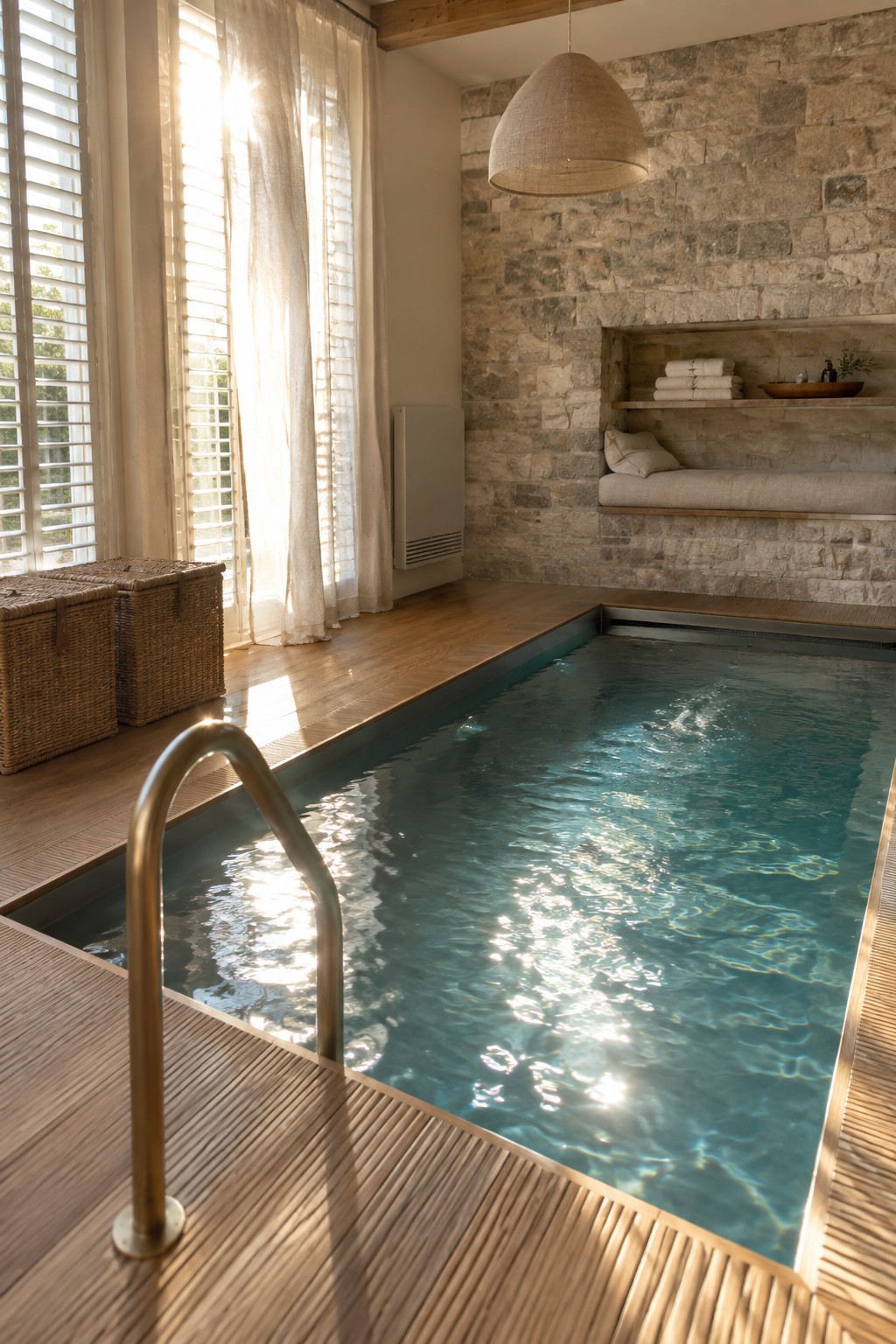 18 Innovative Indoor Endless Pool Ideas for Home Fitness Spaces Sunlit indoor pool with rippling blue water, stone walls, wooden deck, and metal handrail.
