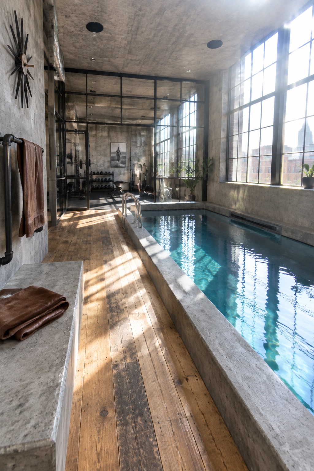 18 Innovative Indoor Endless Pool Ideas for Home Fitness Spaces Modern indoor lap pool with concrete walls, wooden floors, and sunlit windows