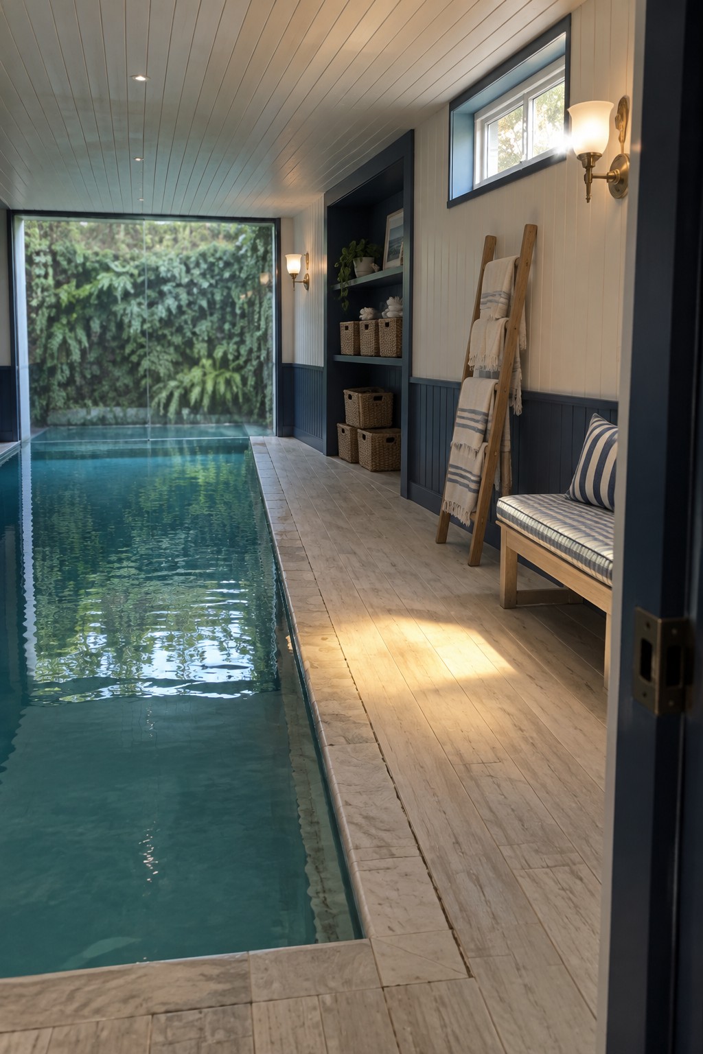 18 Innovative Indoor Endless Pool Ideas for Home Fitness Spaces A long narrow indoor lap pool with light wood decking along one side, built-in shelves with baskets, a wooden bench, and a large glass door at the end.