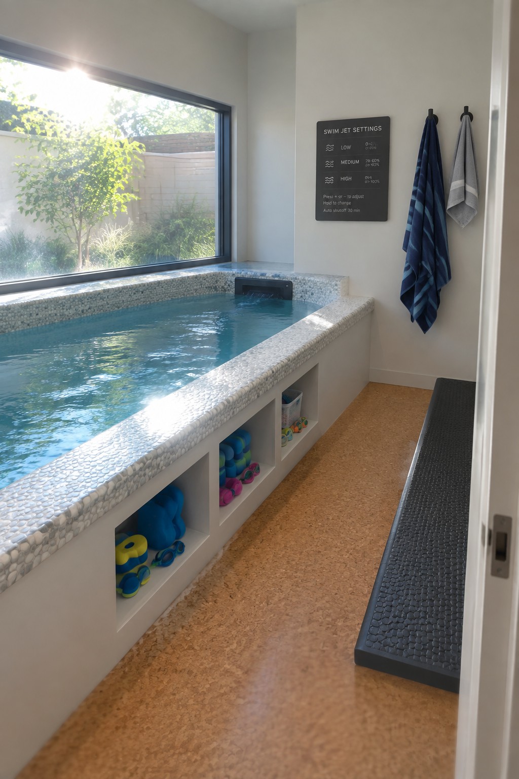 18 Innovative Indoor Endless Pool Ideas for Home Fitness Spaces An indoor endless pool room with built-in open storage cubbies holding pool toys and accessories along the white surround, a large window on the left, and towels hanging on the right wall.
