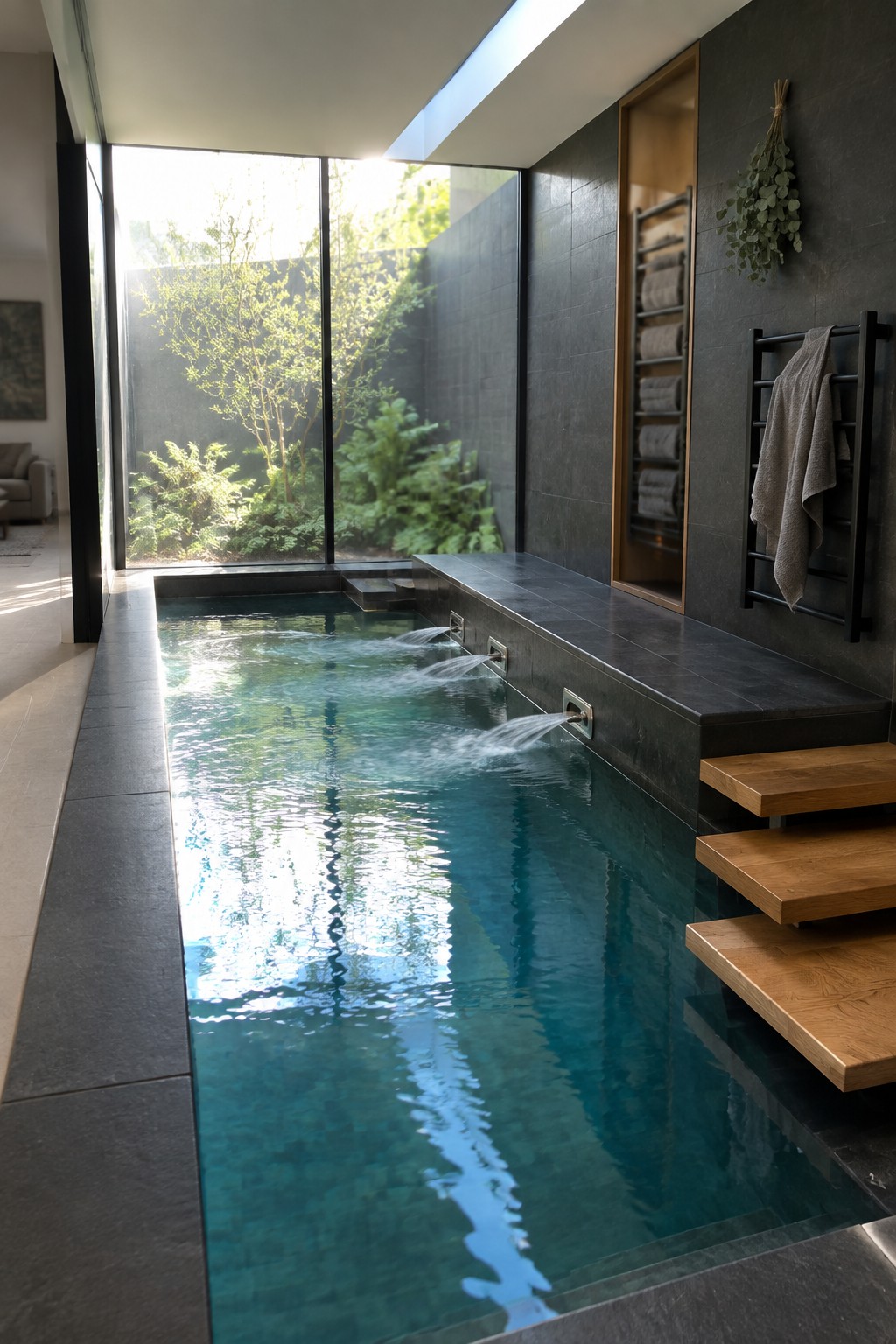 18 Innovative Indoor Endless Pool Ideas for Home Fitness Spaces An indoor endless pool with water jets flowing from a dark stone ledge into turquoise water, wooden steps on one side, and large windows overlooking trees.