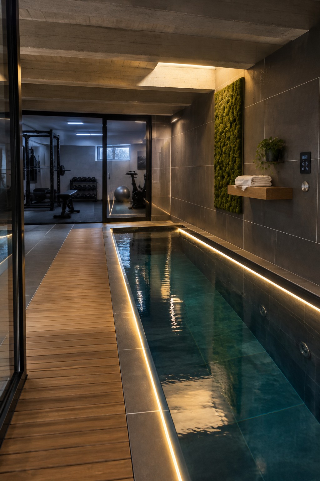 18 Innovative Indoor Endless Pool Ideas for Home Fitness Spaces Modern indoor lap pool with LED edge lighting beside a home gym