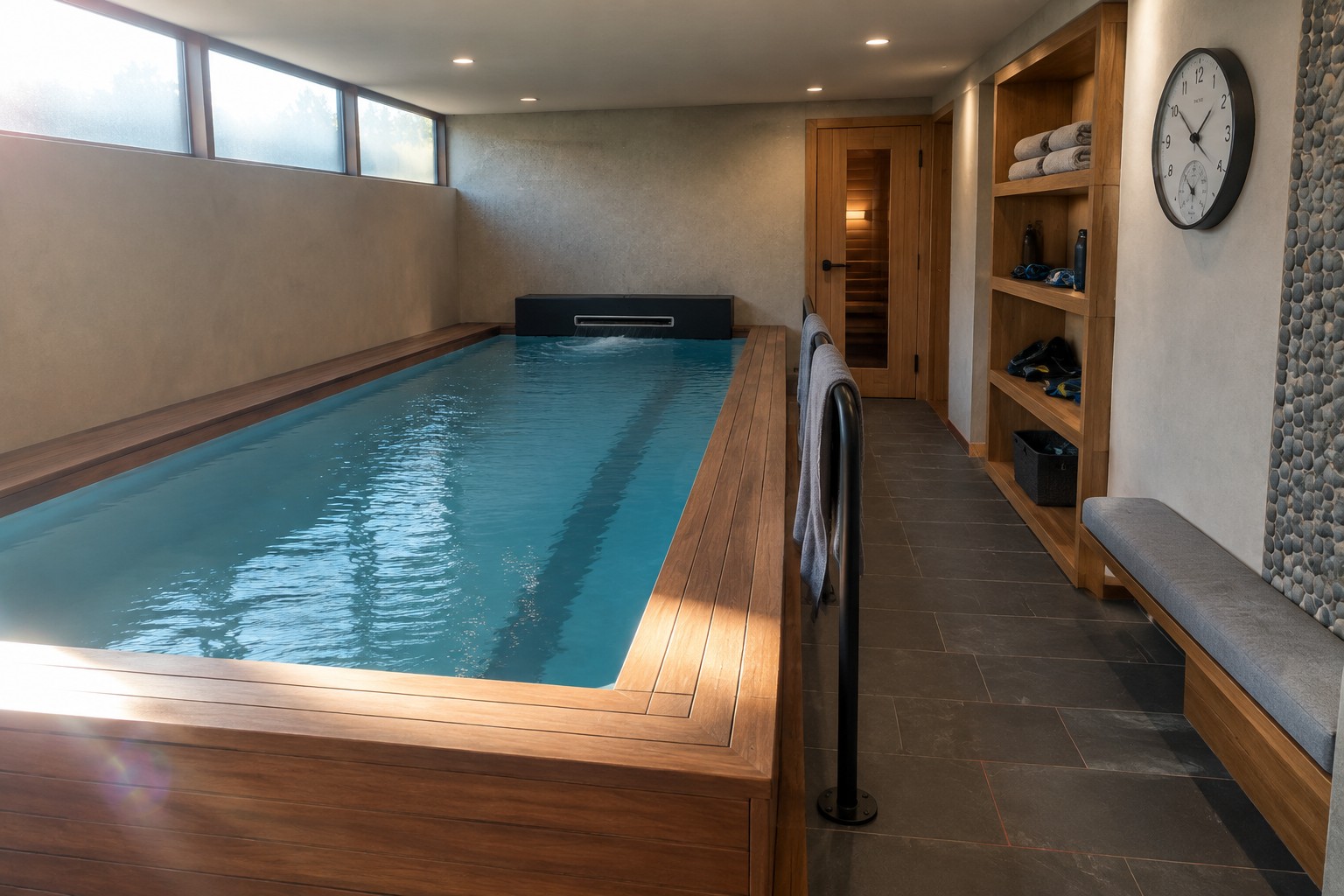 An indoor endless pool with teal water, surrounded by a light wood deck and bench, with wall shelves holding towels and a sauna door on the right side of the room.