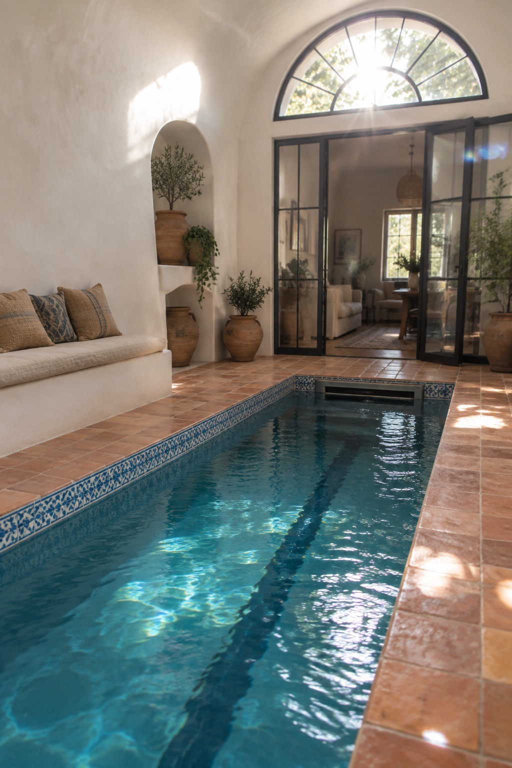 18 Innovative Indoor Endless Pool Ideas for Home Fitness Spaces Sunlit indoor pool with rippling blue water, terracotta tiles and potted plants