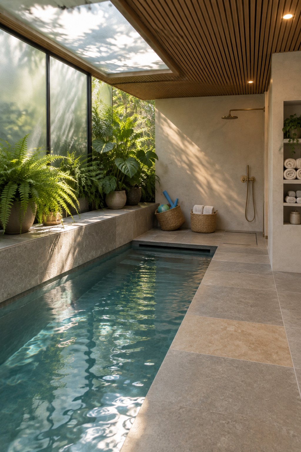 18 Innovative Indoor Endless Pool Ideas for Home Fitness Spaces An indoor lap pool runs beneath a large skylight with tall windows filled with ferns and potted plants on the left and a wall-mounted shower on the right.