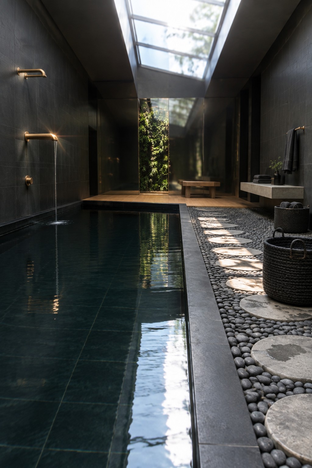 18 Innovative Indoor Endless Pool Ideas for Home Fitness Spaces A long narrow indoor pool with dark tiles, water flowing from two wall spouts, and a pebble path with round stepping stones running alongside under a skylight.