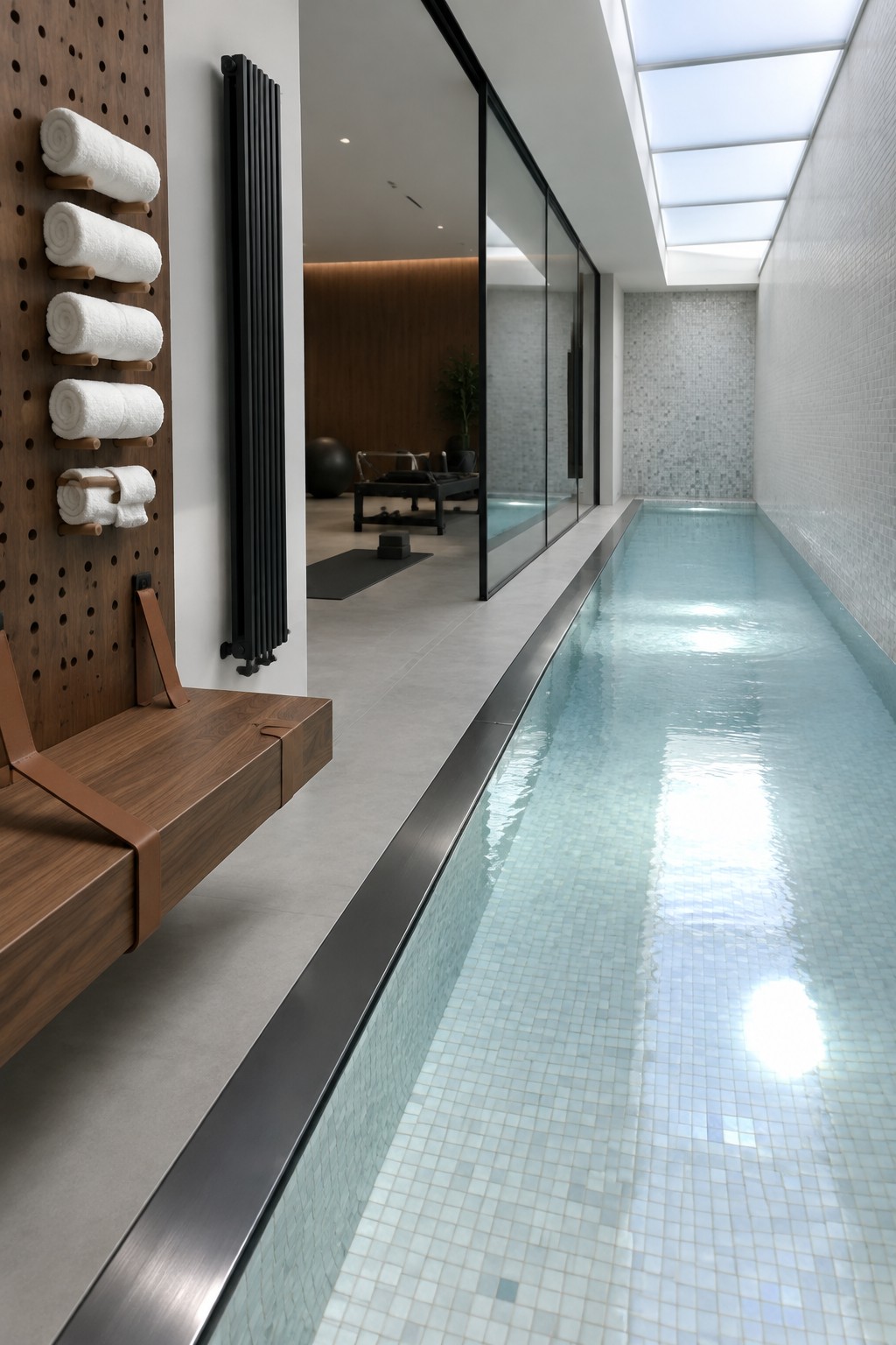 18 Innovative Indoor Endless Pool Ideas for Home Fitness Spaces A long narrow indoor lap pool with light blue mosaic tiles runs beside a wooden bench holding rolled white towels and a black vertical radiator on the wall.