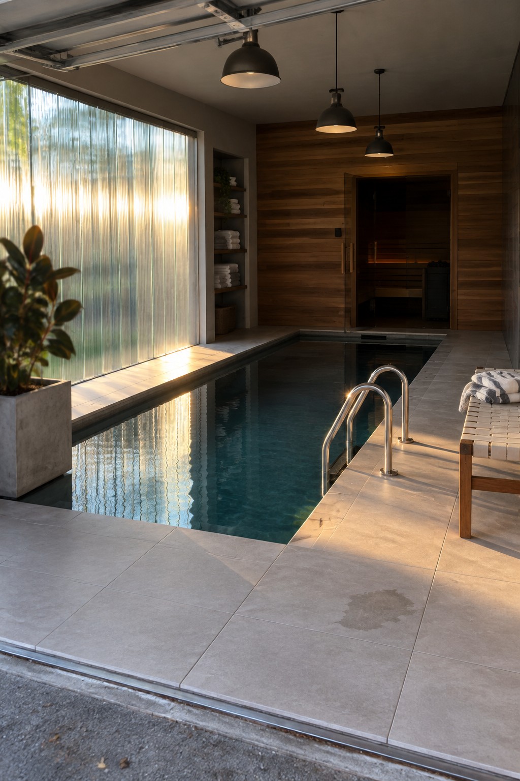 18 Innovative Indoor Endless Pool Ideas for Home Fitness Spaces An indoor lap pool with metal handrails next to a glass sauna room, large rippled window on the left, and wood-paneled walls.