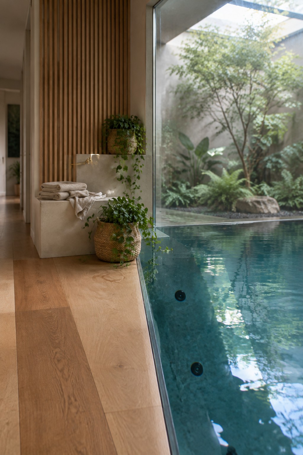 18 Innovative Indoor Endless Pool Ideas for Home Fitness Spaces Modern indoor pool with concrete bench, towels, woven plant baskets, and garden view through glass