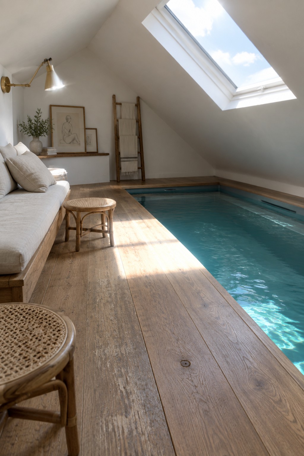 18 Innovative Indoor Endless Pool Ideas for Home Fitness Spaces An attic interior with a long narrow indoor pool under a large skylight, light wood flooring, and a seating area with cushions and a small stool.