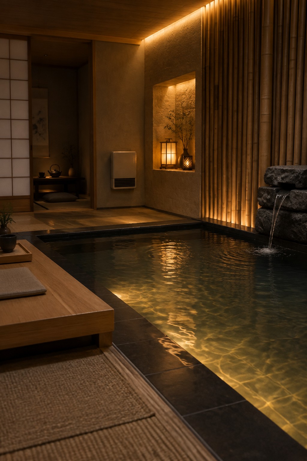 18 Innovative Indoor Endless Pool Ideas for Home Fitness Spaces A narrow indoor pool with water flowing from stacked dark stones, set against bamboo wall panels and warm recessed lighting, with a wooden bench and woven mats in the foreground.