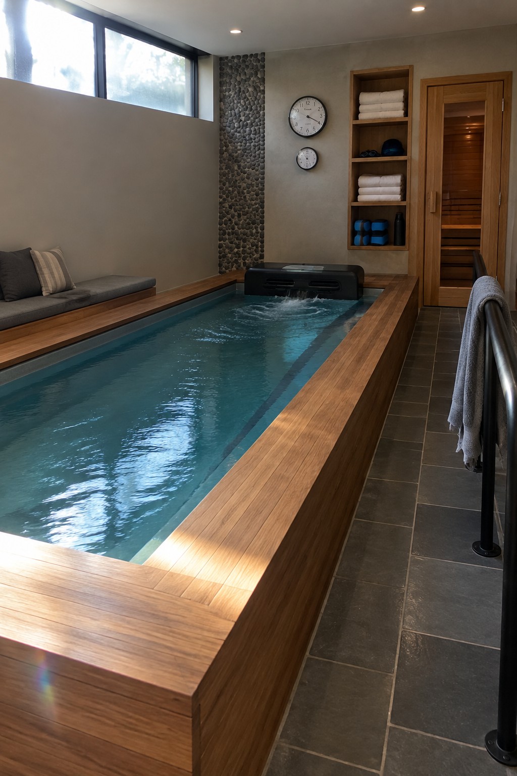 18 Innovative Indoor Endless Pool Ideas for Home Fitness Spaces An indoor endless pool with teal water, surrounded by a light wood deck and bench, with wall shelves holding towels and a sauna door on the right side of the room.