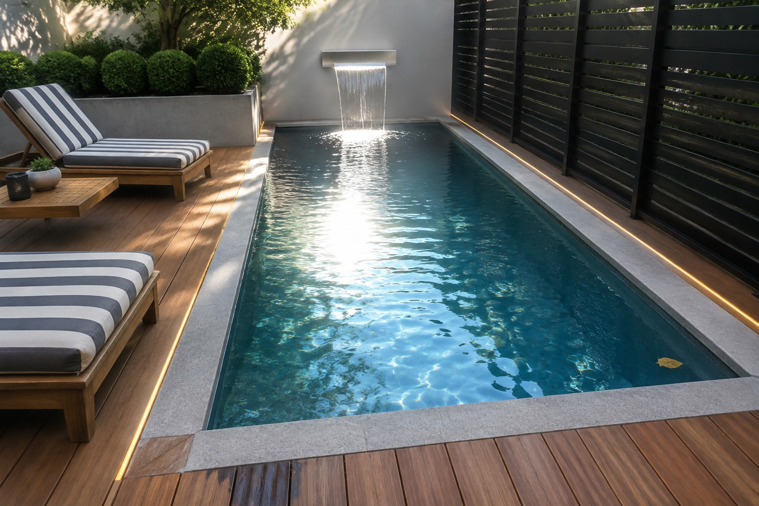 A rectangular plunge pool with a wall-mounted waterfall, bordered by wooden decking, striped lounge chairs, and a concrete planter with shrubs.