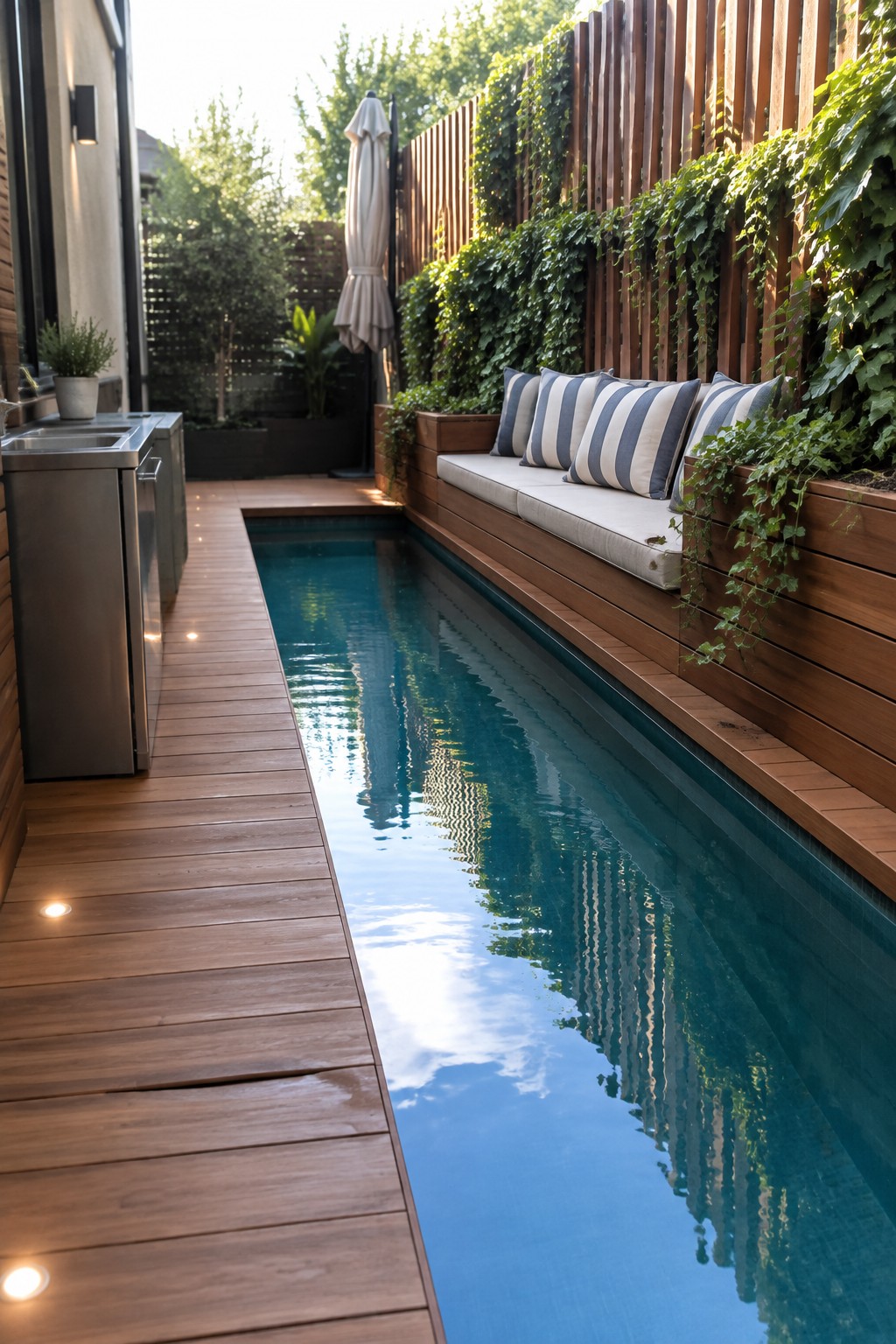 A narrow plunge pool bordered by wooden decking on one side and a built-in cushioned bench on the other, with an outdoor kitchen visible at the far end.