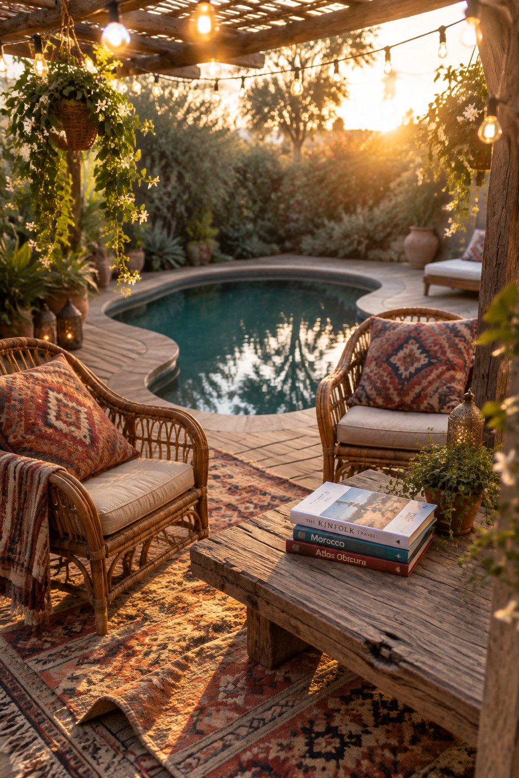 Cozy patio with wicker chairs, patterned rugs, books on table, and pool at sunset