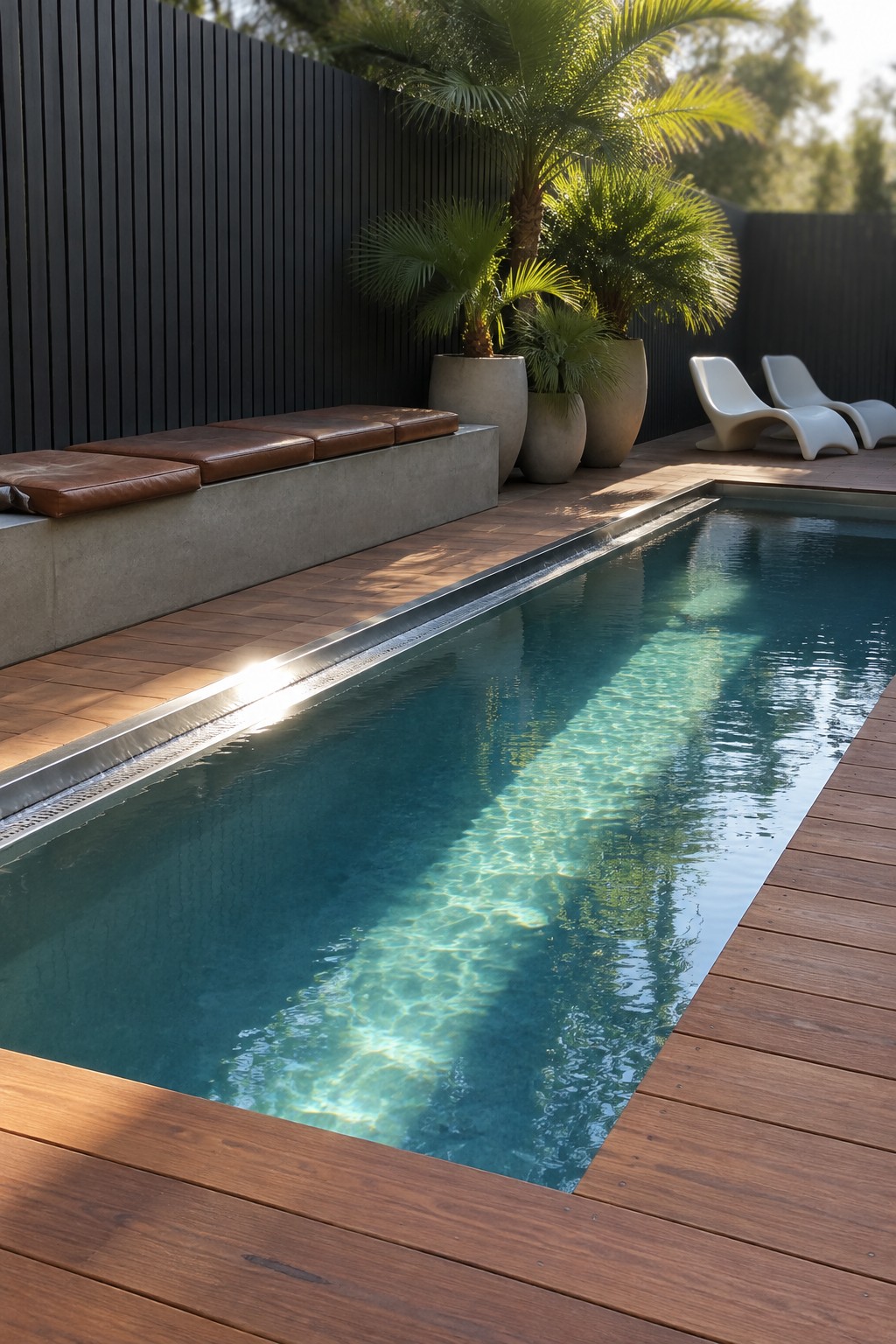 Modern pool with rippling turquoise water on wooden deck beside black wall and palms