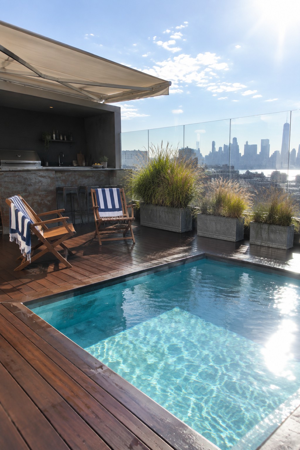 A rectangular plunge pool with turquoise water is set into a dark wood deck on a rooftop terrace, with two wooden lounge chairs, large planters, and an outdoor kitchen area visible against a city skyline.